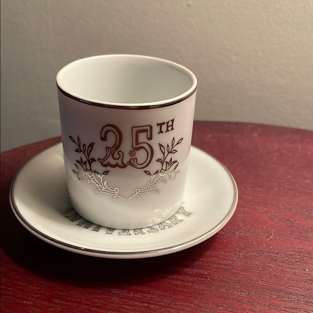 25th Anniversary White and Silver Cup and Saucer